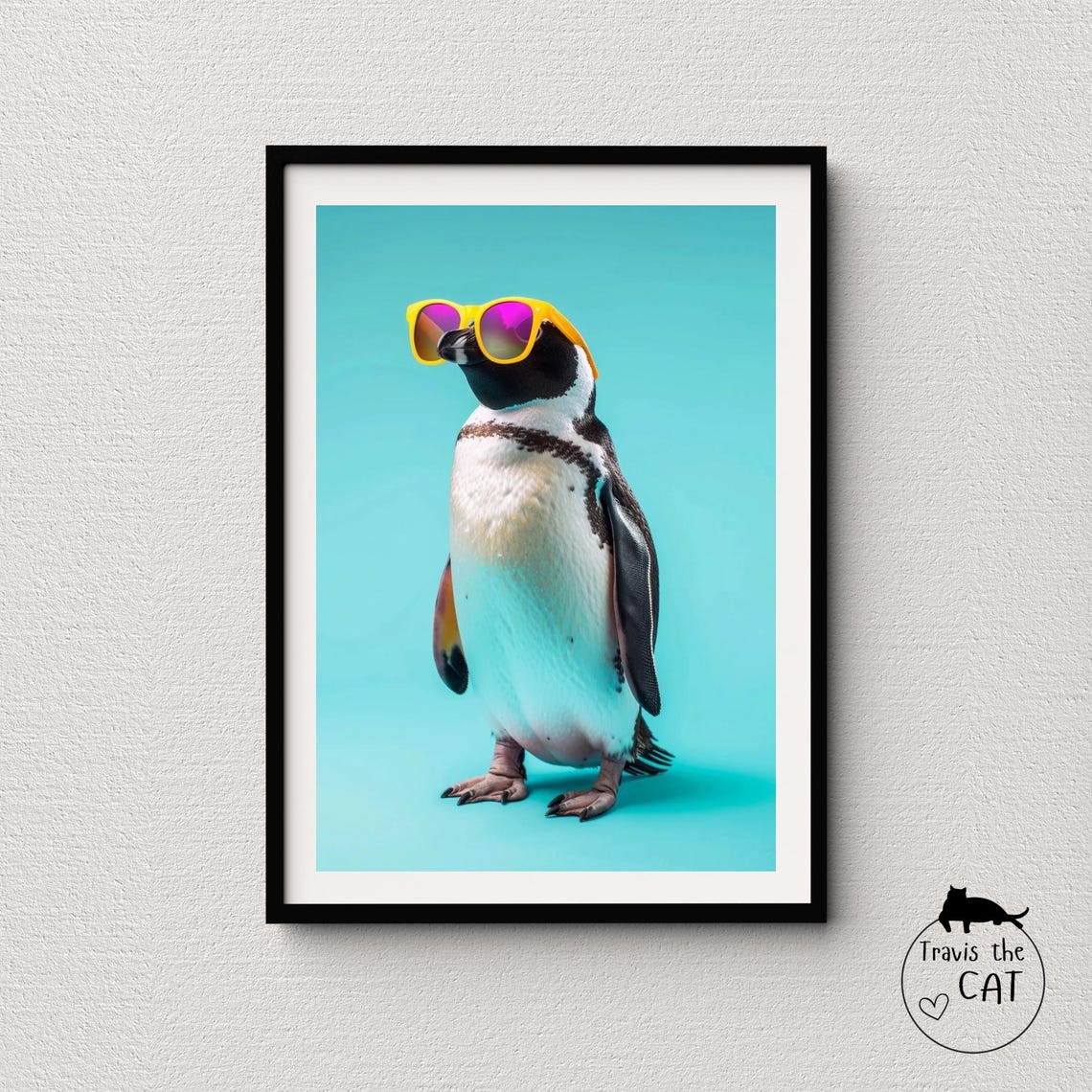 Penguin in Yellow Sunglasses on Teal Background Cute Pop Art Poster