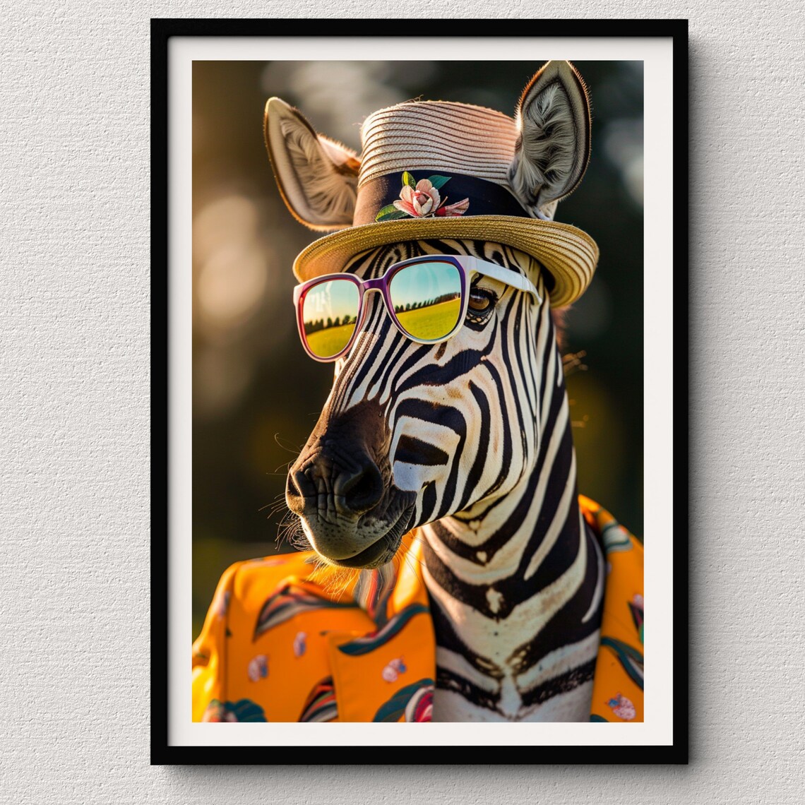 Dapper Zebra in Straw Hat Mirrored Sunglasses and Hawaiian Shirt Poster