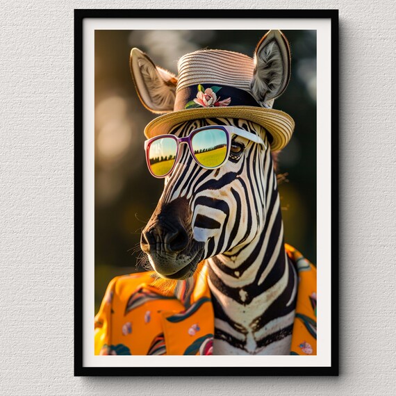 Dapper Zebra in Straw Hat Mirrored Sunglasses and Hawaiian Shirt Poster