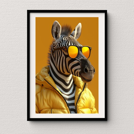 Zebra in Yellow Puffer Jacket and Amber Sunglasses Bold Pop Art Poster