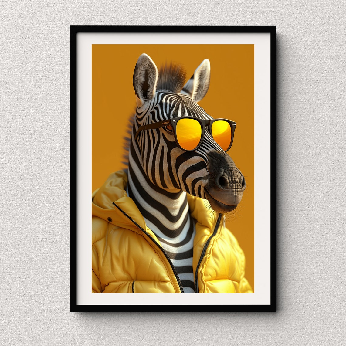Zebra in Yellow Puffer Jacket and Amber Sunglasses Bold Pop Art Poster