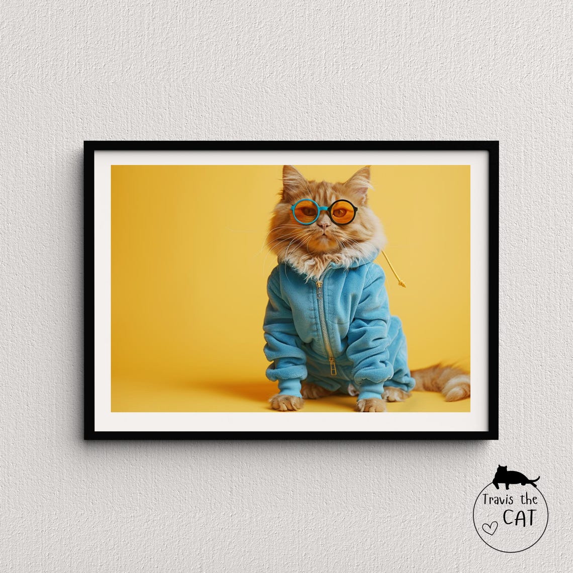 Ginger Cat in Blue Hoodie and Orange Glasses on Yellow Pop Art Poster