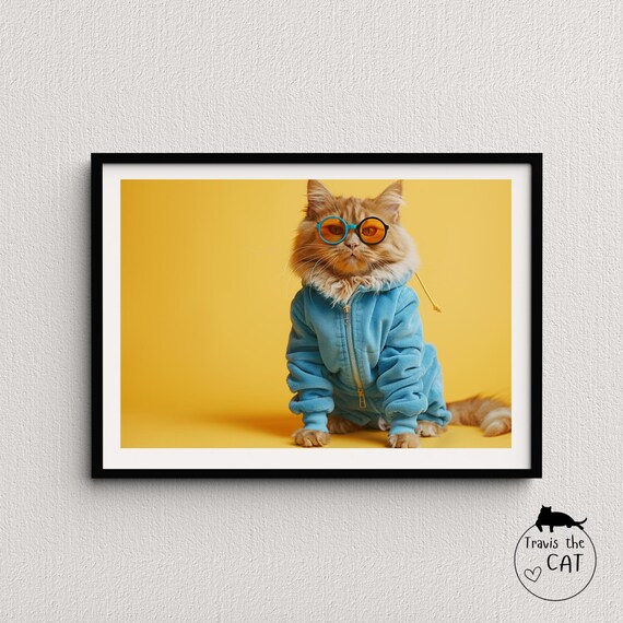 Ginger Cat in Blue Hoodie and Orange Glasses on Yellow Pop Art Poster