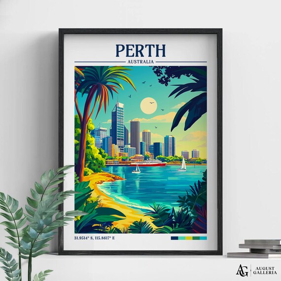 Sunny Perth Australia Retro Waterfront City Skyline Travel Poster