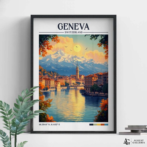 Geneva Switzerland Travel Poster Lakeside City Snowy Peaks Artwork