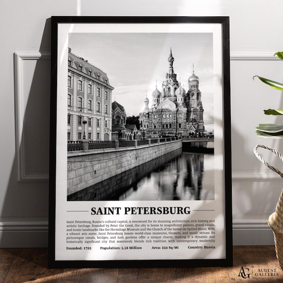 Saint Petersburg Russia Black and White City Canal Church Poster