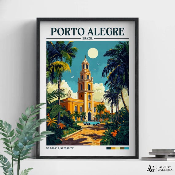 Porto Alegre Retro Travel Print Wall Art Framed Canvas Poster Illustration Wanderlust