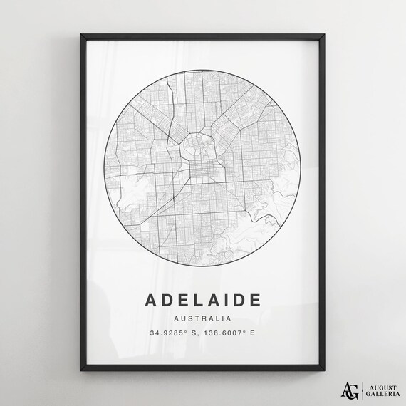 Adelaide Australia Minimalist Black White Circular Map Poster