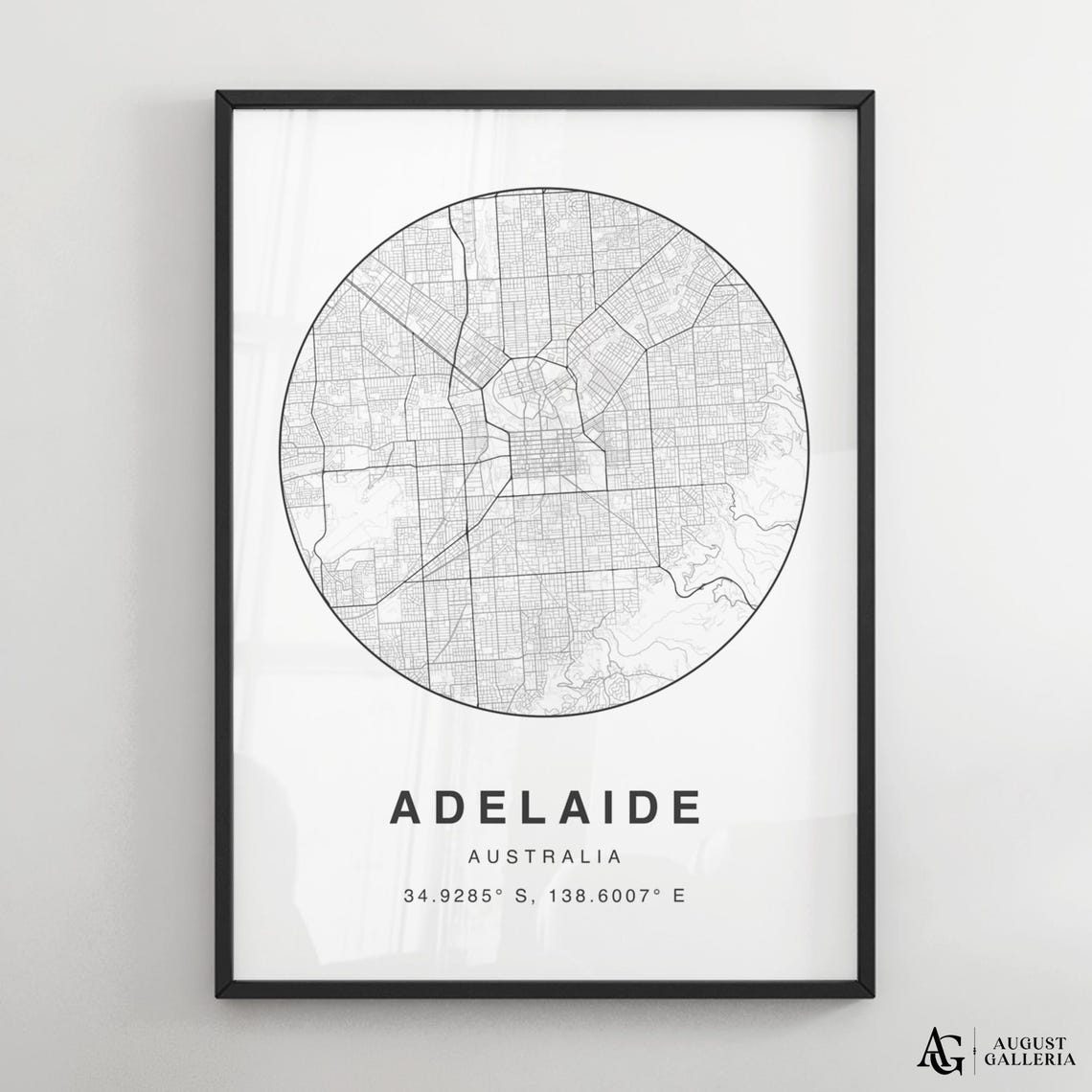 Adelaide Australia Minimalist Black White Circular Map Poster