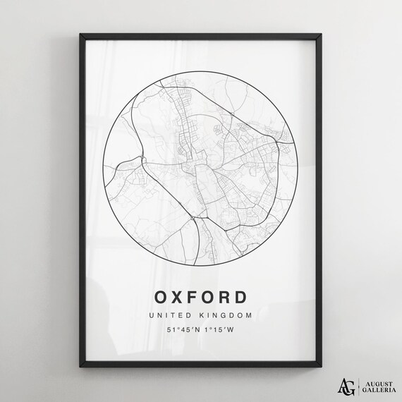 Oxford England Minimalist City Street Map Black and White Art Poster