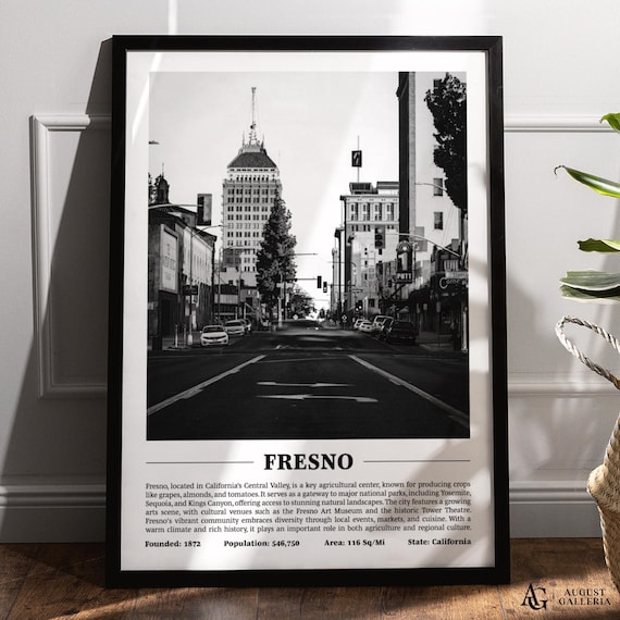Fresno Historic Downtown Street Black White California City Skyline Poster