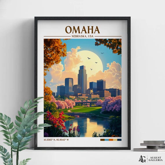 Omaha Nebraska Retro Travel Print Wall Art Framed Canvas Poster Illustration Wanderlust