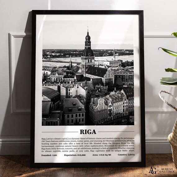 Riga Latvia Old Town Skyline Black and White Travel City Poster