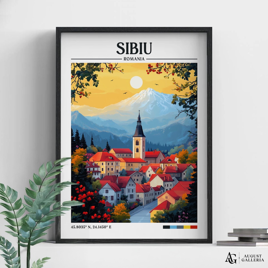 Sibiu Romania Retro Travel Poster, Wanderlust Illustration