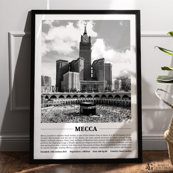 Mecca Black and White Kaaba Clock Tower Pilgrimage Scene Poster