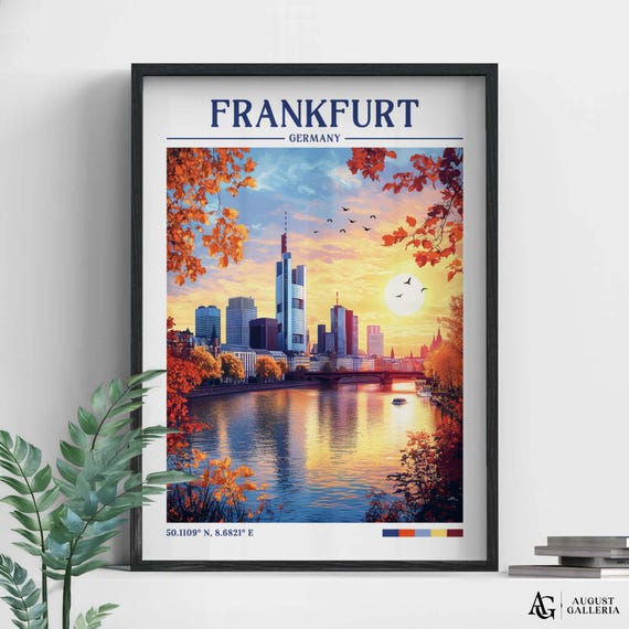 Frankfurt Germany Retro Travel Print Wanderlust Posters Illustration Wall Art Framed Prints Canvas Poster