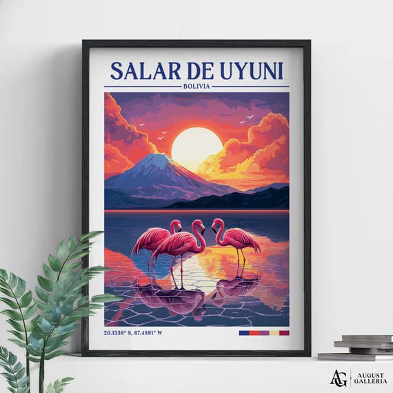 Salar De Uyuni Retro Travel Print Wall Art Framed Canvas Poster Illustration Wanderlust