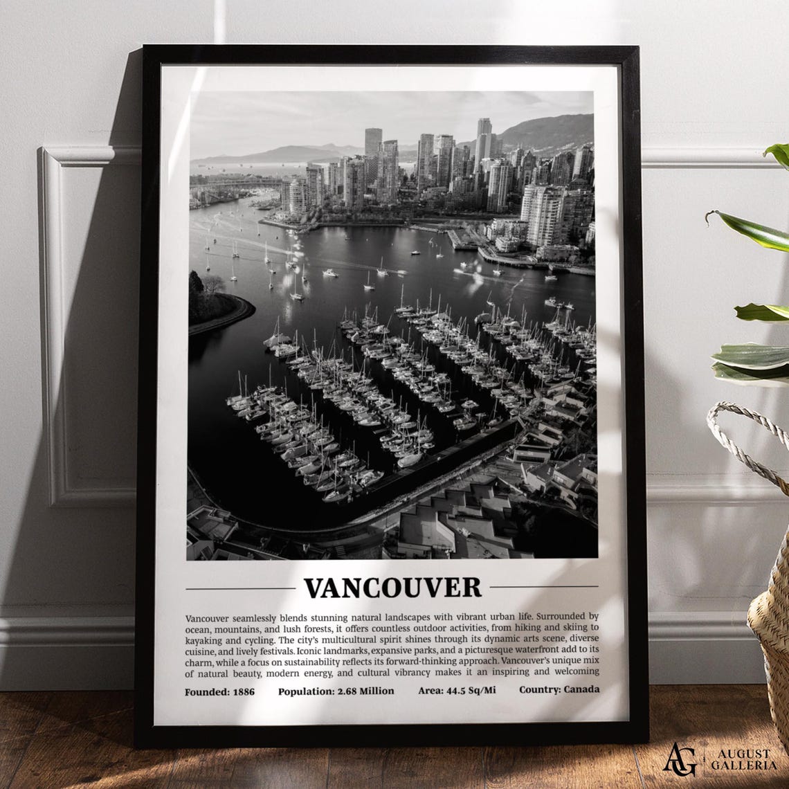 Vancouver Marina Black and White Canada Harbor Travel Poster