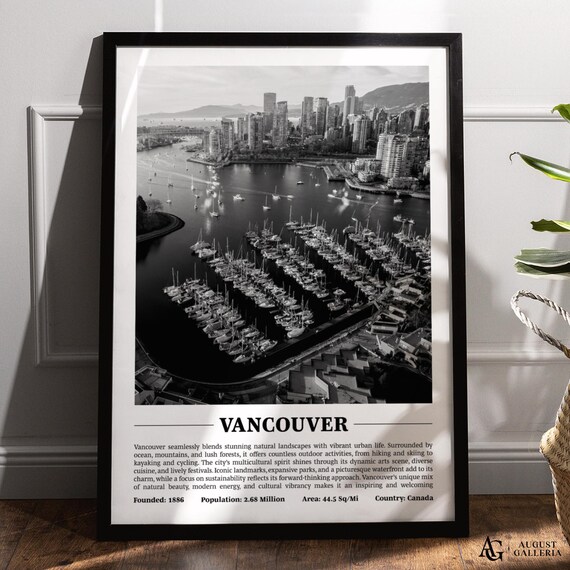 Vancouver Marina Black and White Canada Harbor Travel Poster