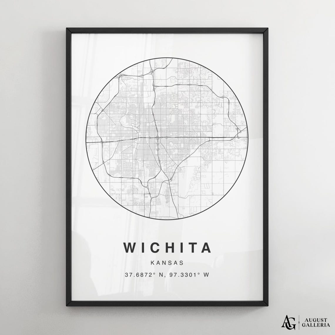 Wichita Kansas Circular City Map Minimalist Black White Poster