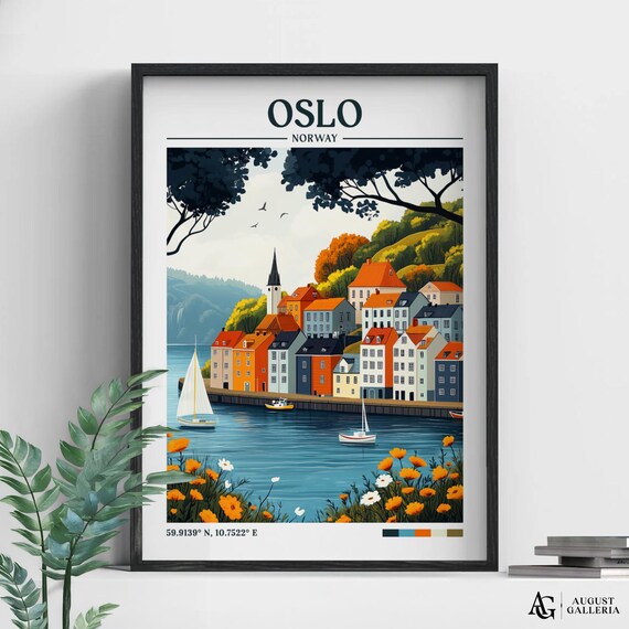 Oslo Norway Retro Travel Poster Colorful Waterfront Harbor Scene