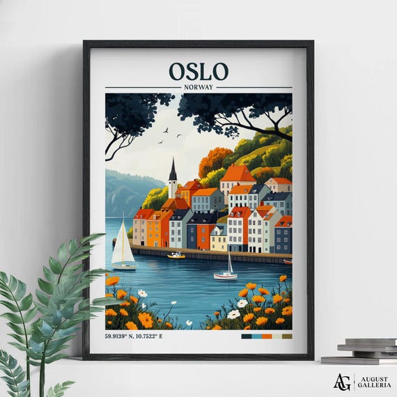 Oslo Norway Retro Travel Print Wall Art Framed Canvas Poster Illustration Wanderlust