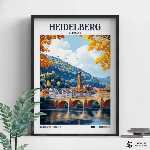 Heidelberg Germany Old Town Bridge Retro Travel Destination Poster