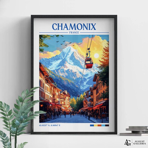 Chamonix France Retro Travel Poster with Mont Blanc Cable Car View