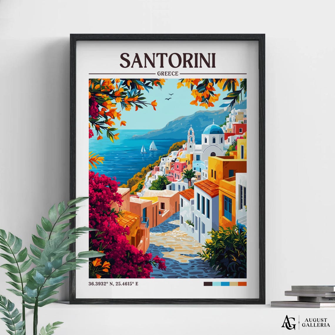Santorini Greece White Village Blue Dome Sea View Retro Travel Poster
