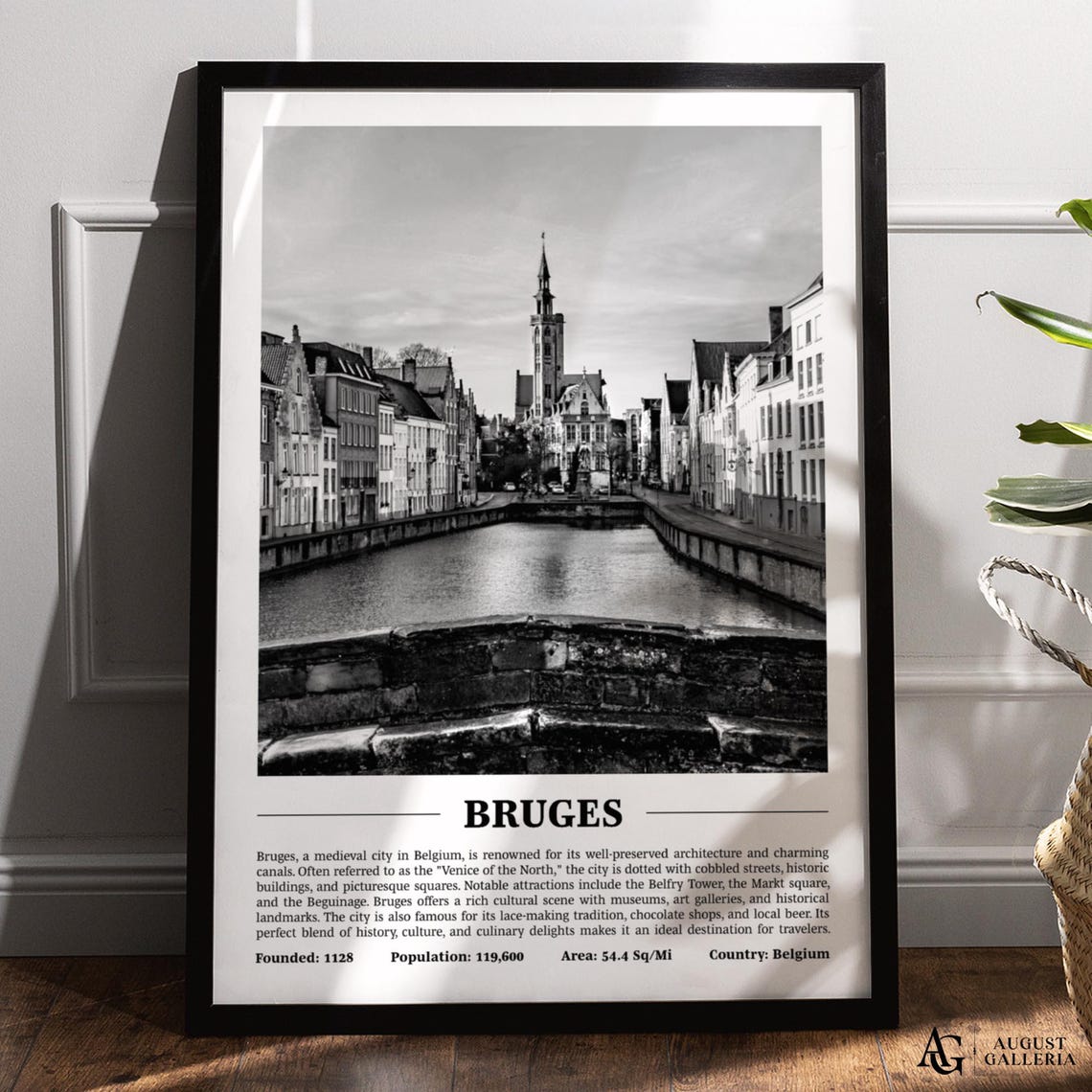 Bruges Canal and Belfry Tower Black and White City Travel Poster