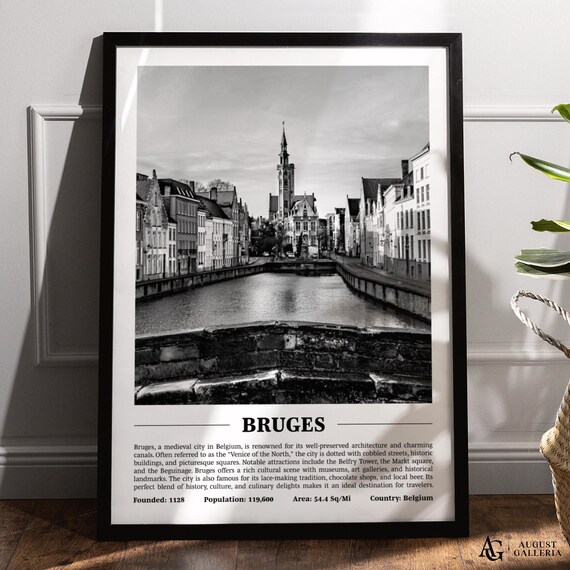 Bruges Canal and Belfry Tower Black and White City Travel Poster