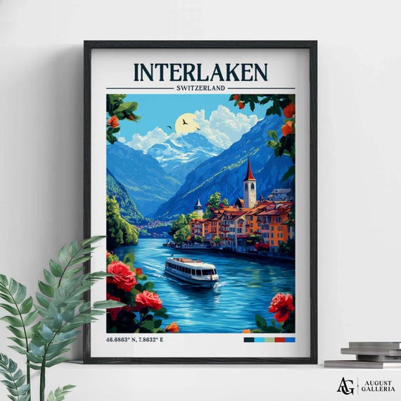 Interlaken Switzerland Retro Travel Print Wanderlust Posters Illustration Wall Art Framed Prints Canvas Poster