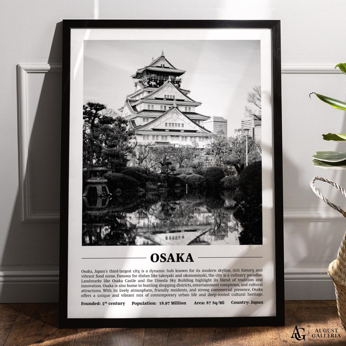 Osaka Japan Castle Black And White Travel Photography Poster