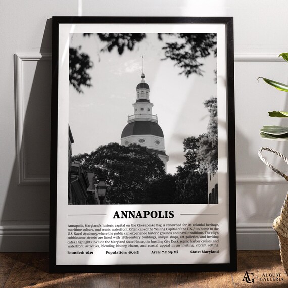 Annapolis Maryland Black And White Skyline City Print With Key Facts