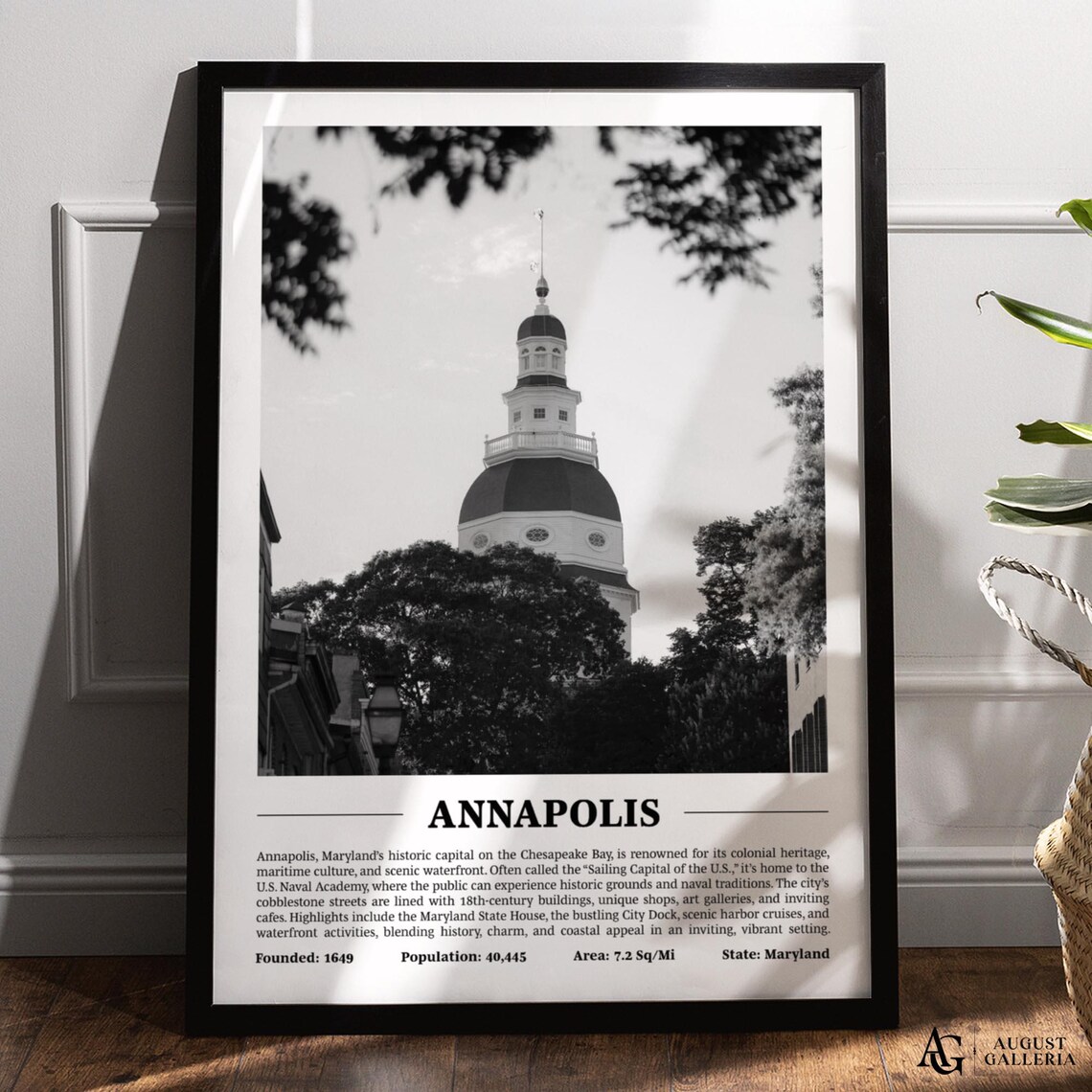 Annapolis Maryland Black And White Skyline City Print With Key Facts