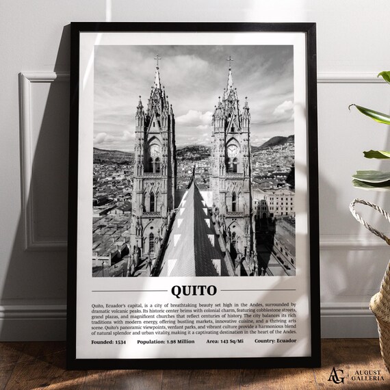 Quito Ecuador Black and White City Basilica Twin Towers Poster