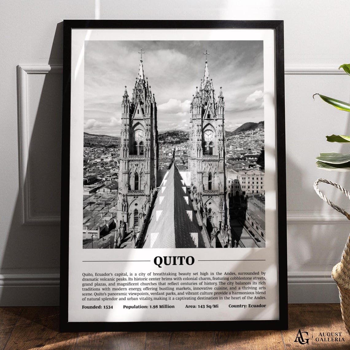 Quito Ecuador Black and White City Basilica Twin Towers Poster