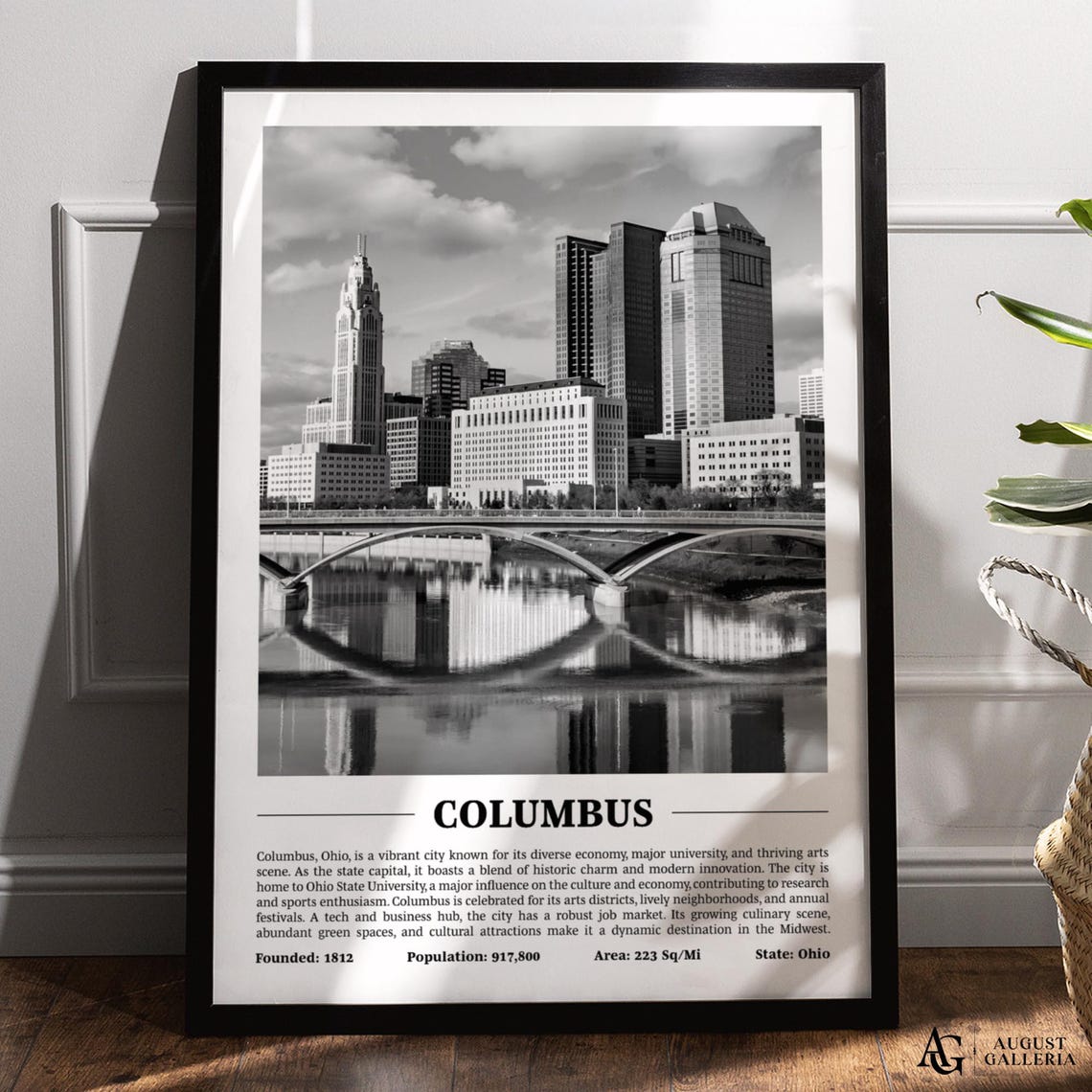Columbus Ohio Downtown Skyline Bridge Black And White Photo Poster