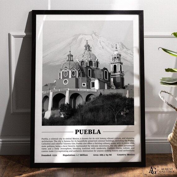 Puebla Cathedral With Popocatepetl Volcano Black And White Poster