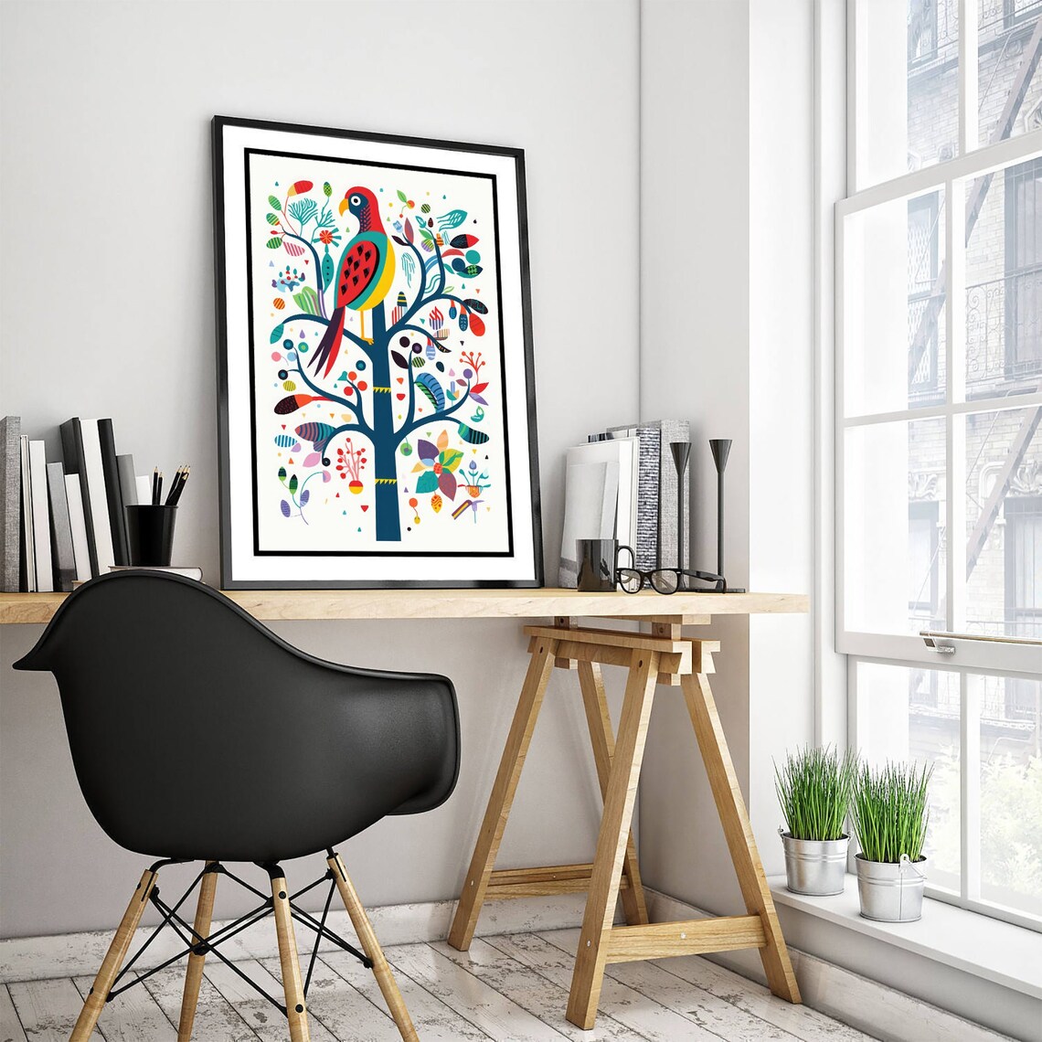 Folk Art Parrot Tree of Life Colorful Playful Tropical Bird Poster - Image 3