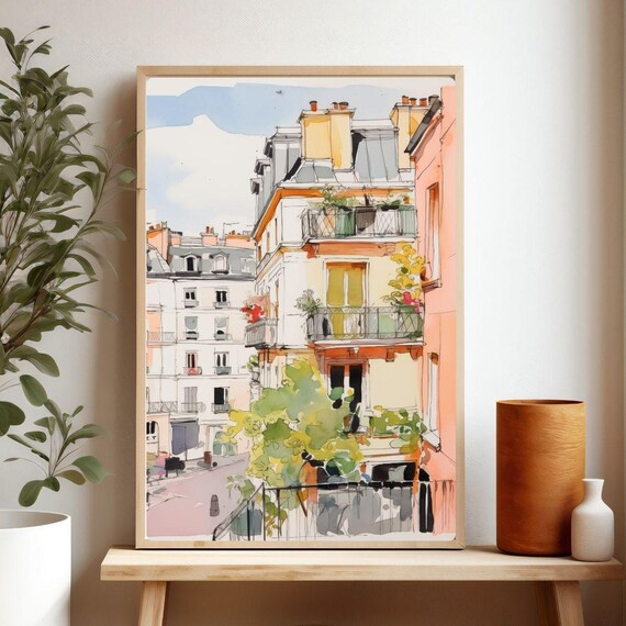 Paris Cityscape Drawing Haussmann Rooftops Balconies Travel Poster