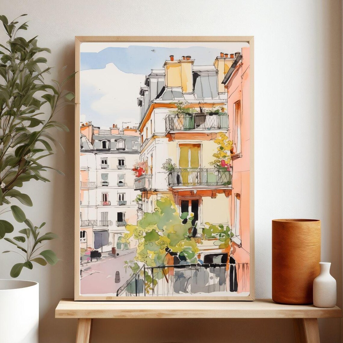 Paris Cityscape Drawing Haussmann Rooftops Balconies Travel Poster
