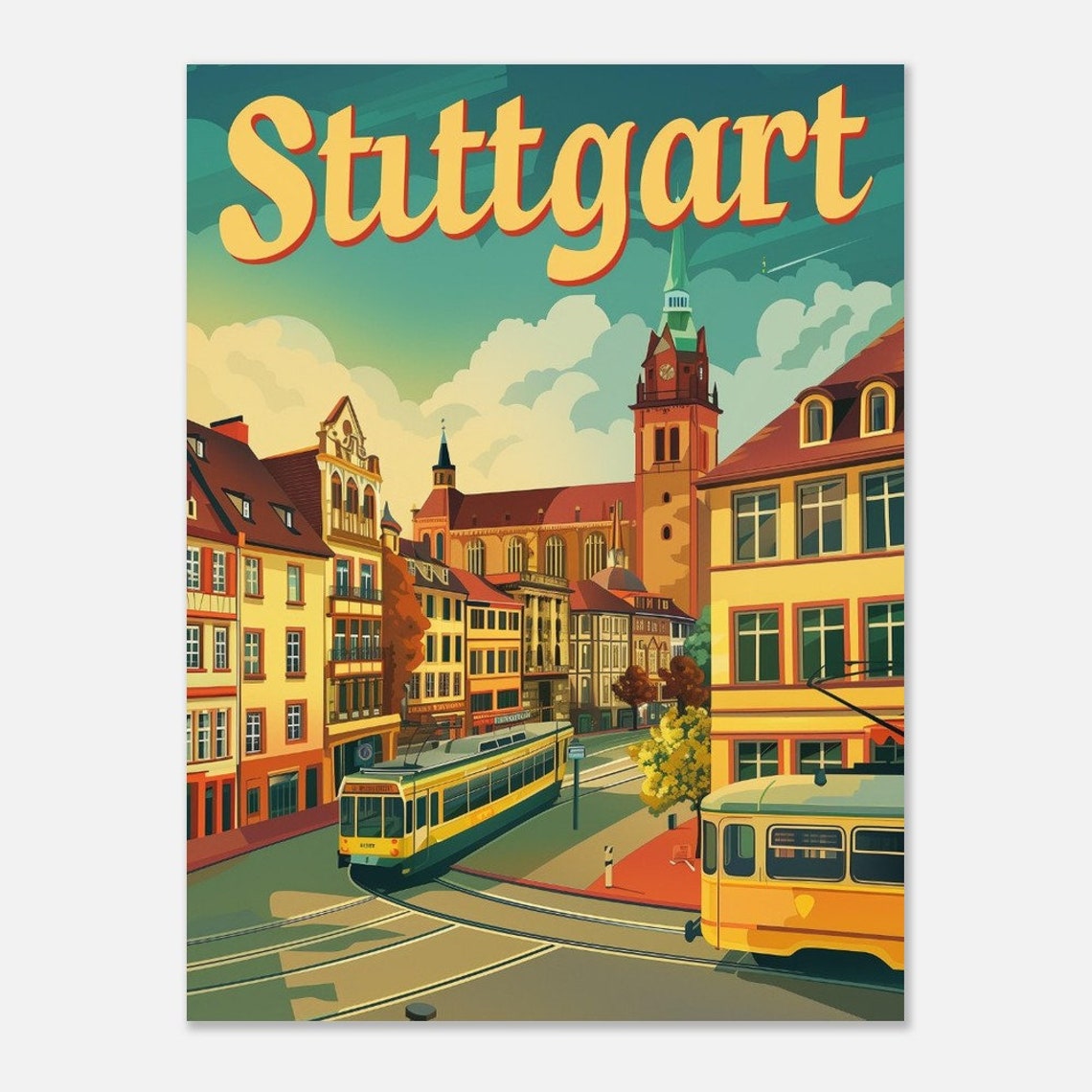Stuttgart Germany Yellow Tram Church Old Town Vintage Travel Poster - Image 2