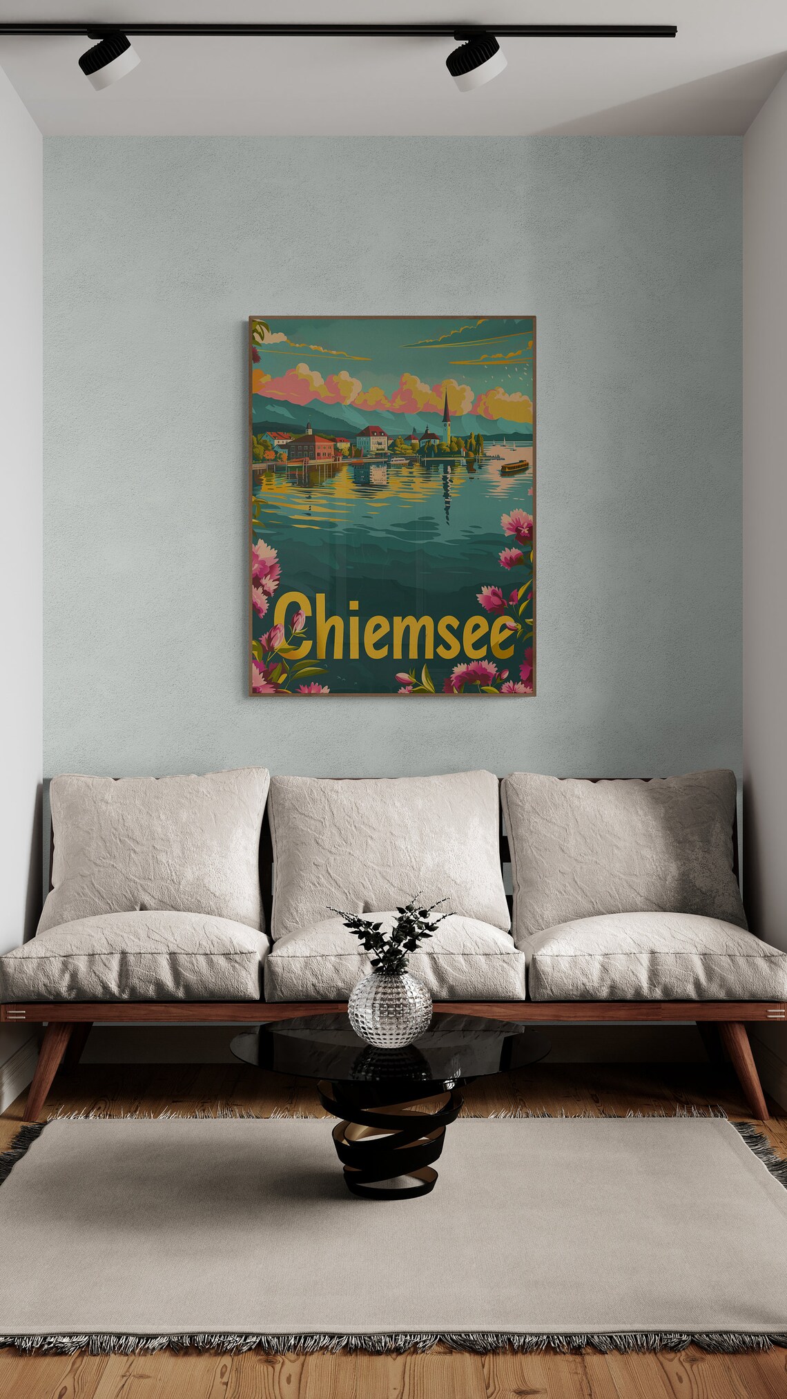 Chiemsee Lake Bavaria Village Blossom Retro Sunset Travel Poster - Image 4
