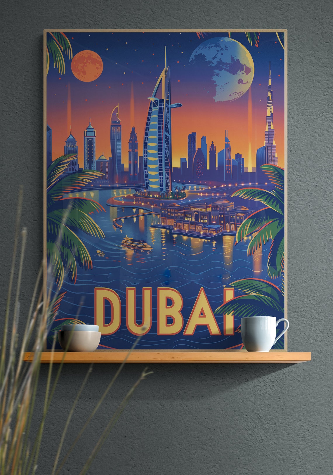 Dubai Burj Al Arab Night Skyline Moonlight City Travel Poster - Image 2