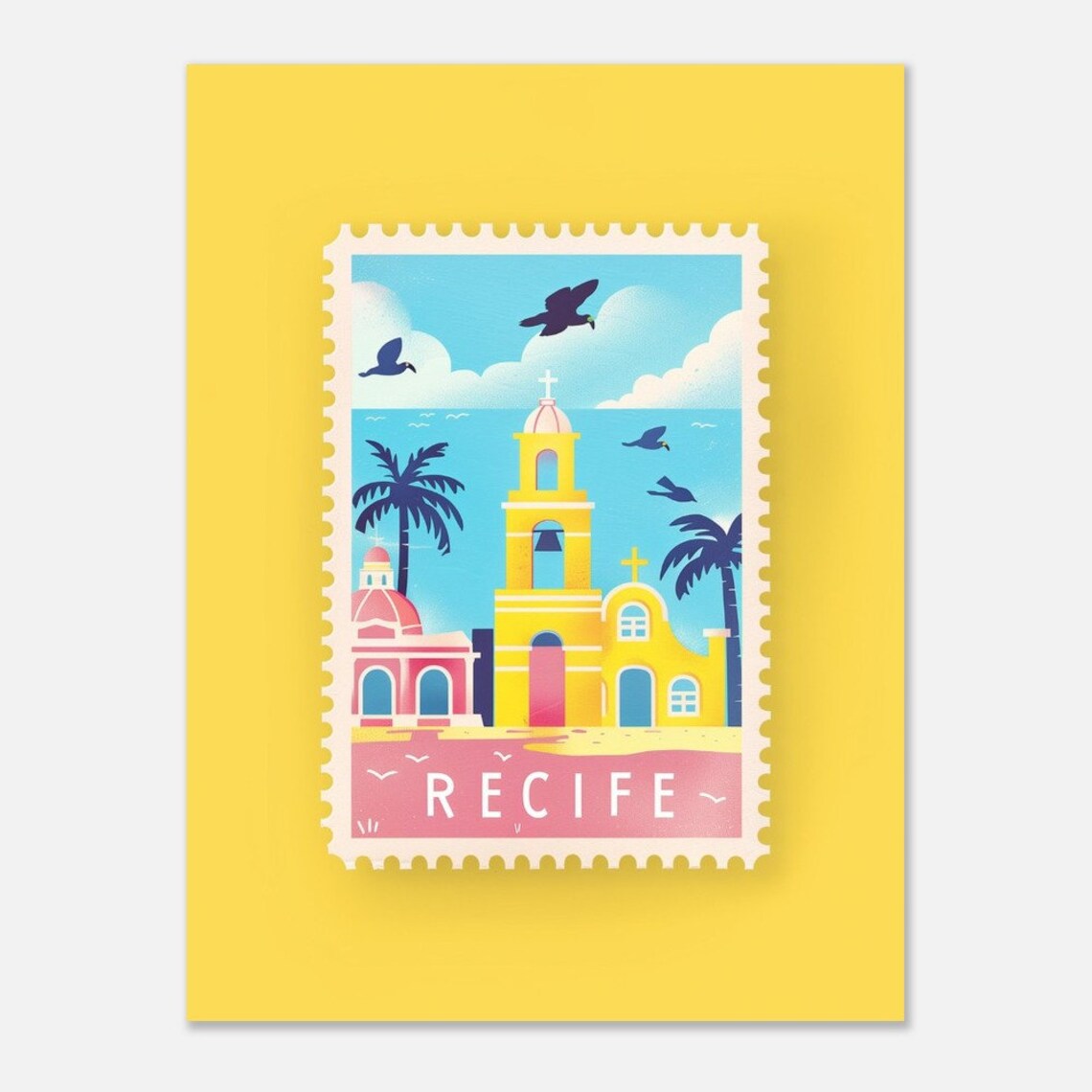 Recife Brazil Coastal Church Vintage Travel Stamp Style Poster - Image 2