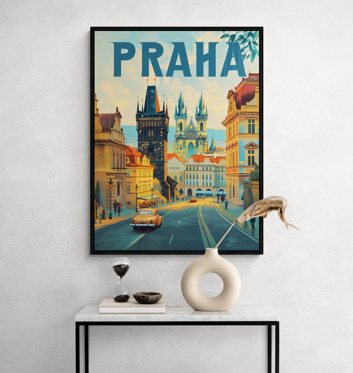Prague Old Town Street Powder Tower Vintage Car Travel Poster