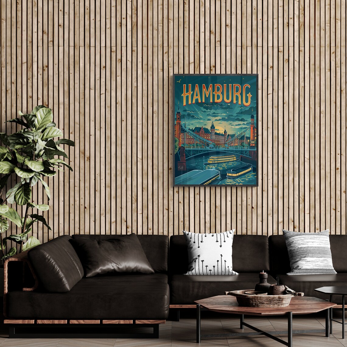 Hamburg Night Harbor Illuminated Boats Bridge Vintage Travel Poster - Image 3