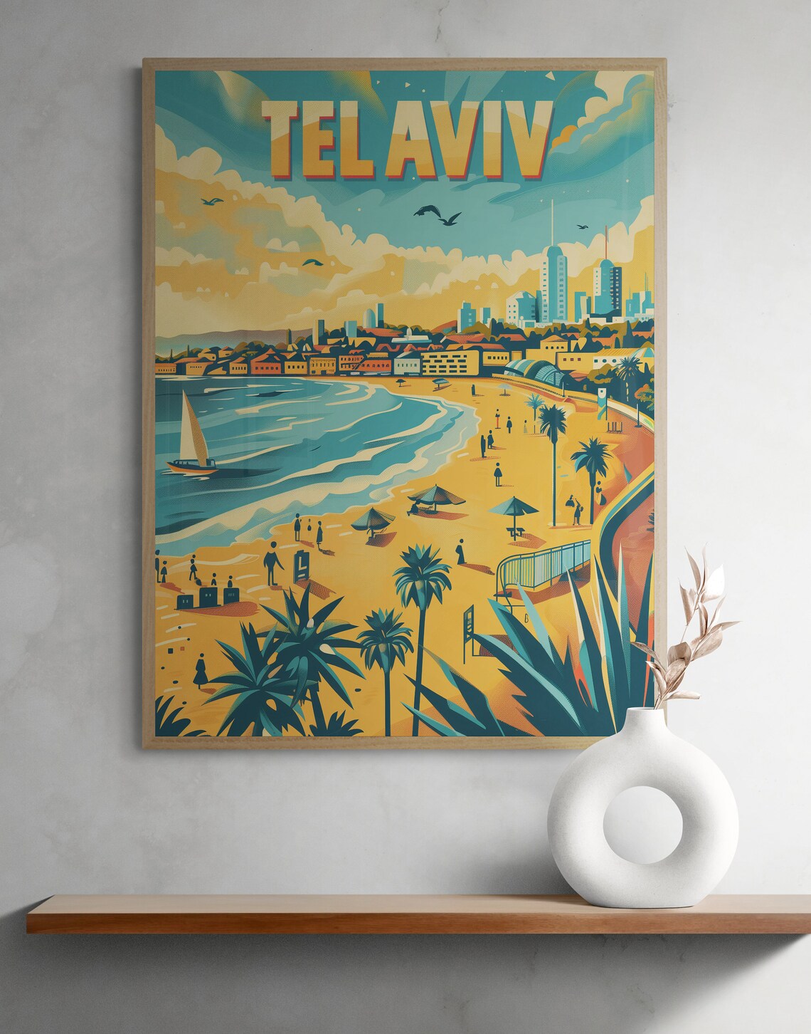 Tel Aviv Beach Umbrellas and City Skyline Vintage Travel Poster - Image 2