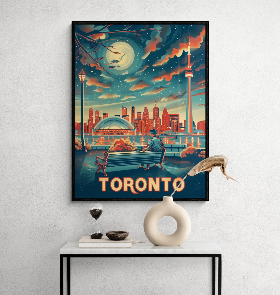 Toronto Night Skyline CN Tower Full Moon Lake Bench Travel Poster - Image 2